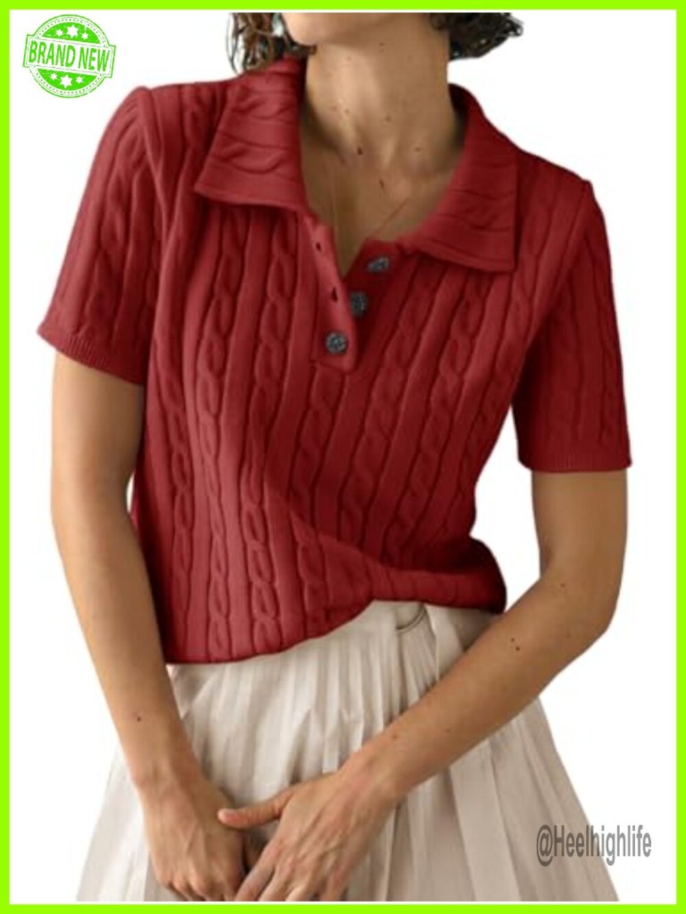 Womens Polo V Neck Cable Knit Short Sleeve Pullover Sweater Business Casual Top